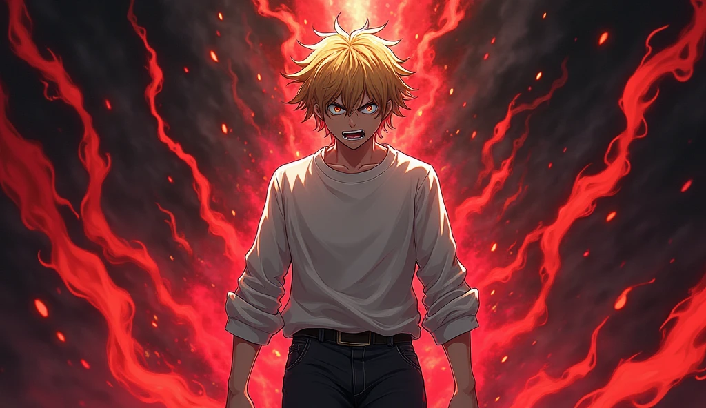 A Fullbody Picture of a Golden Haired anime boy, Golden eyes, white Long sleeve shirt, black Long sleeve pants jeans,with red and black powers, in expression of anger, and with a macabre face