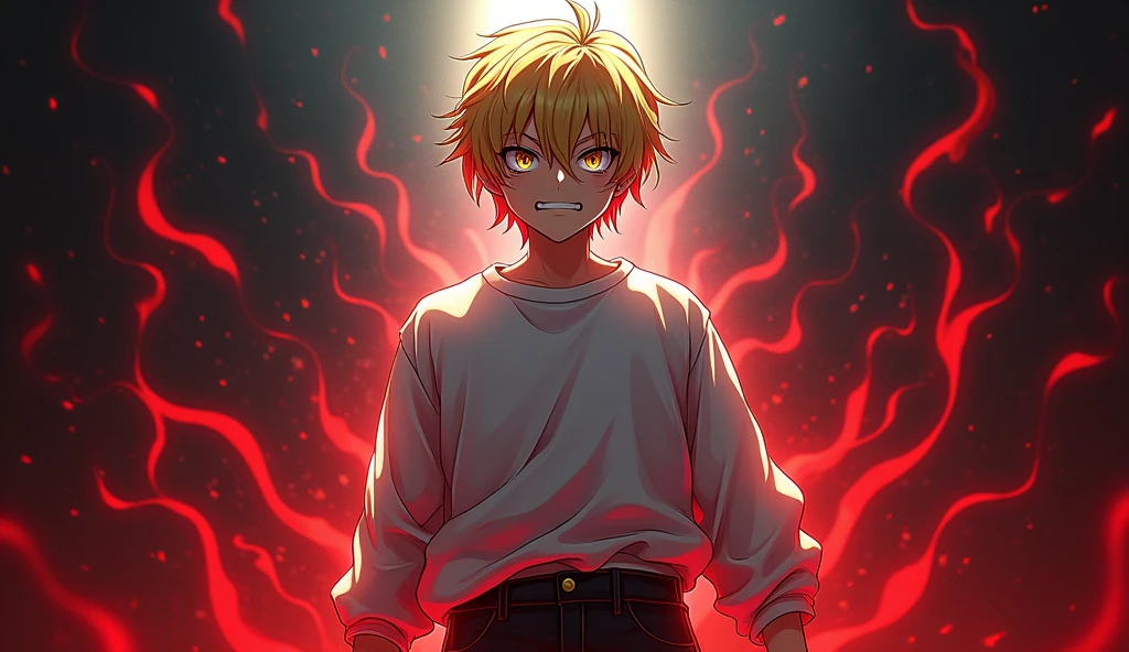 A Fullbody Picture of a Golden Haired anime boy, Golden eyes, white Long sleeve shirt, black Long sleeve pants jeans,with red and black powers, in expression of anger, and with a macabre face