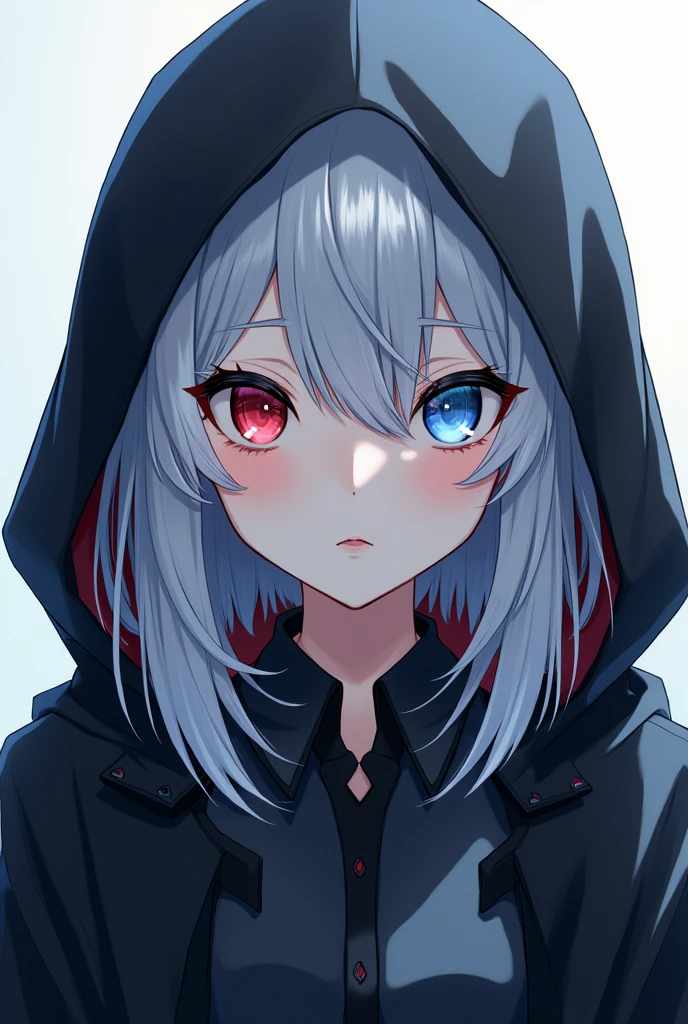 High resolution, Shortcuts, Silver Hair, Odd Eye, Expressionless, Simple Background, Hood worn, Anime Style, 