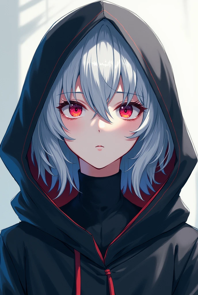 High resolution, Shortcuts, Silver Hair, Odd Eye, Expressionless, Simple Background, Hood worn, Anime Style, 