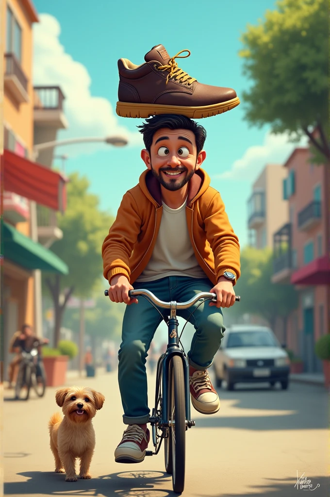Create an image in which a man take a shoes on his head and riding bike and at the back seat stand a small dog