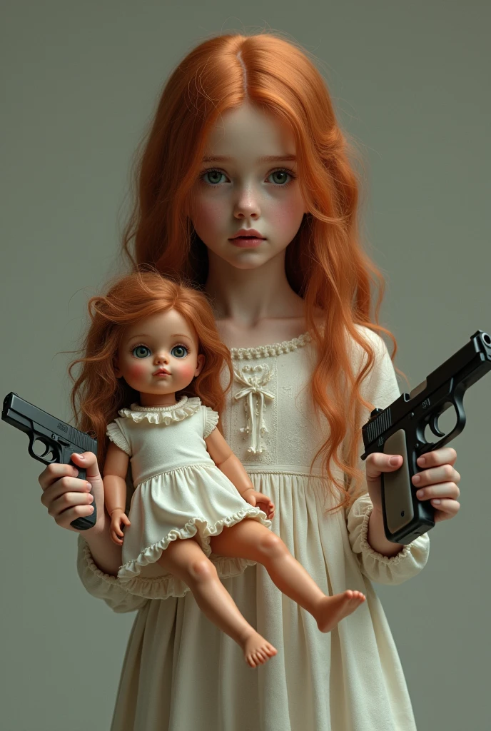 an innocent female child, with long red hair. Holding a toy doll in her left hand, and in his right hand a pistol.