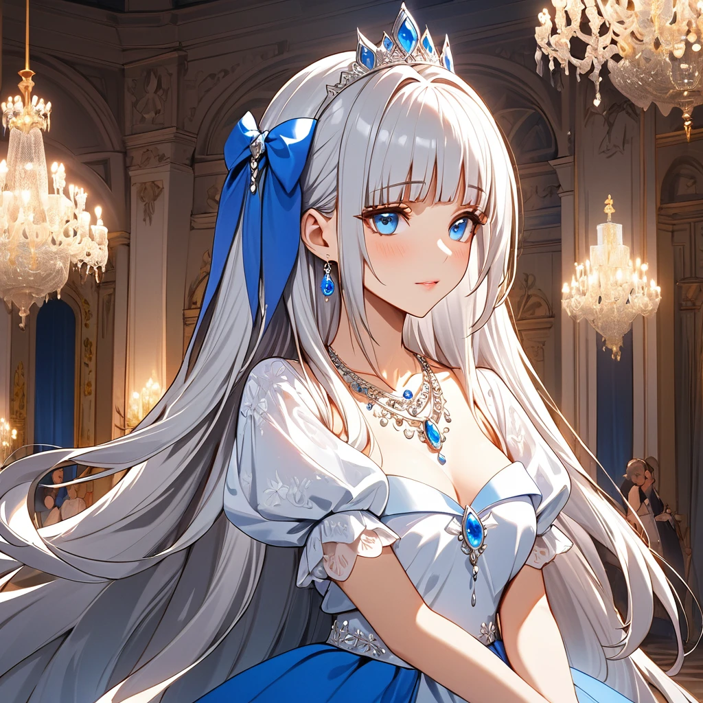 Mylene, One girl,  Silver Hair, Very long hair, blue eyes, tiara, Blue gemstone necklace, Royal Dresses, puffy short sleeve, royal palace, Elegant, Precise depiction of every single hair、 masterpiece、Beautiful attention to detail:1.2, Perfect lighting, (perfect hand, perfect anatomy), Precise depiction、Vibrant colors