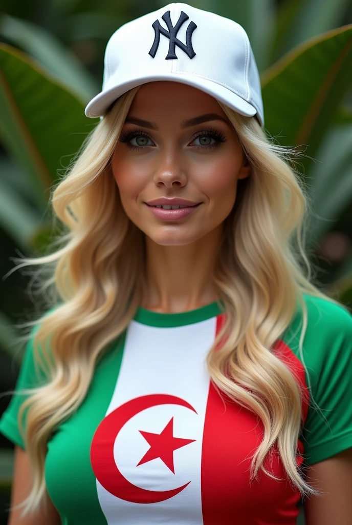 jewish woman, blonde long hair, masculine face, straight focus, outdoor outfit, in front of Indonesia flag, square photo