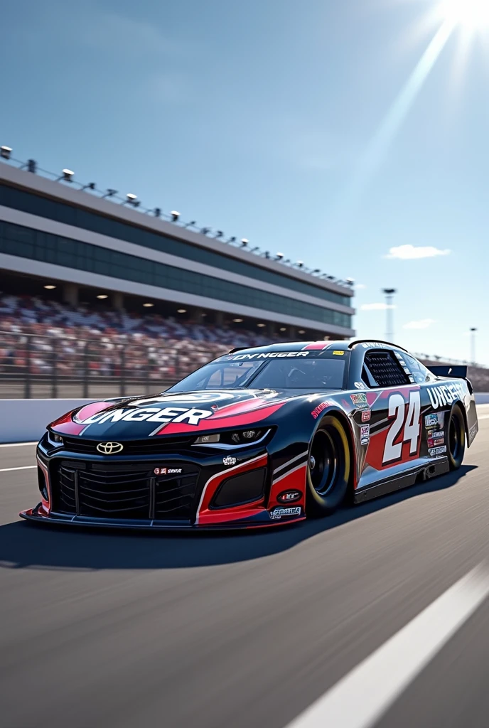 A 2024 NASCAR Cup Series car with the starting number 24 and the name Unger on it. The Daytona race track can be seen in the background. The name Unger must be legible