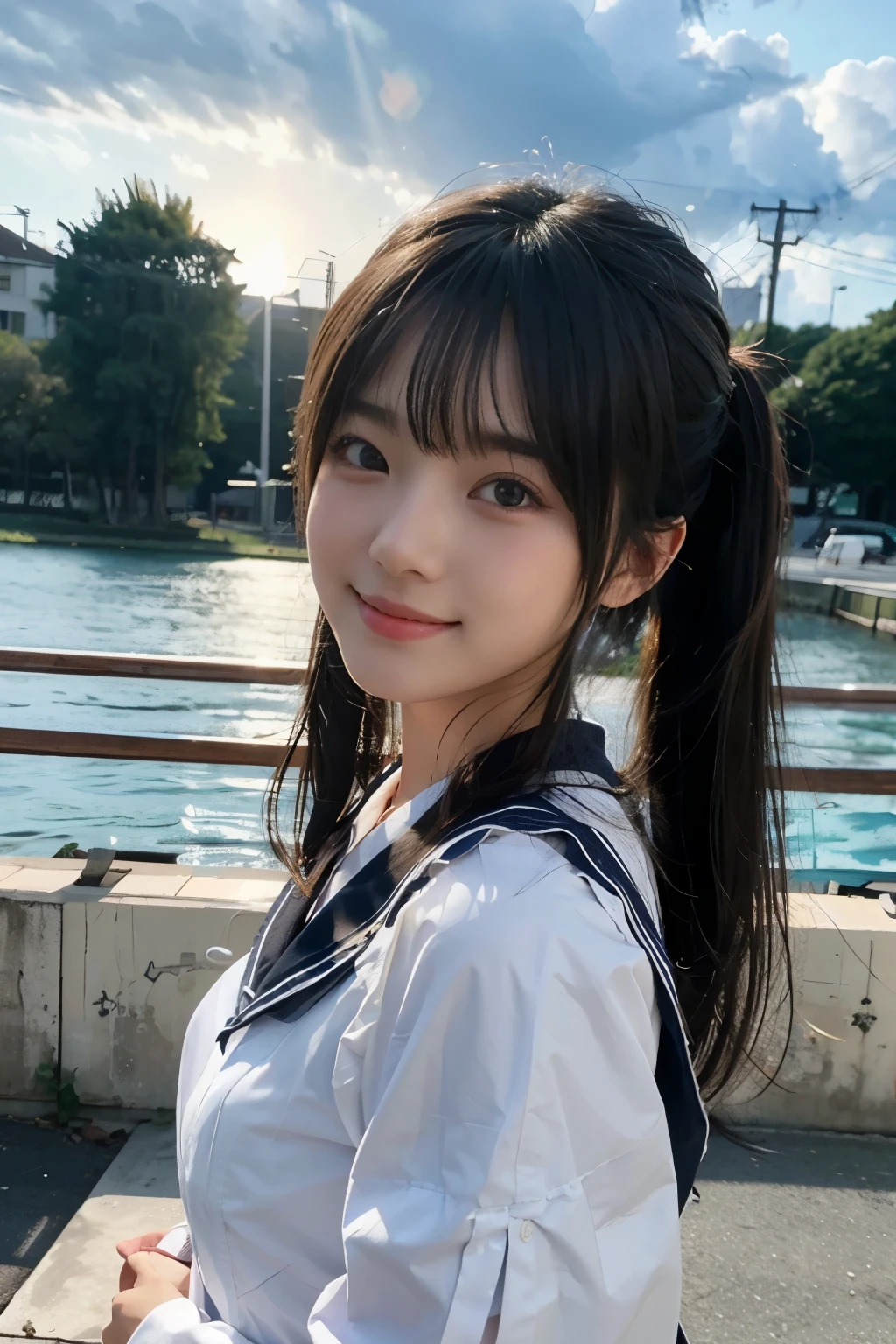 top quality、8k、highest resolution、perfect thing、masterpiece、realistic、Twin Tail 2.0、high school ,high school student、Simple background、night scene、cowboy shot、under the hot sun、smile、giant 
