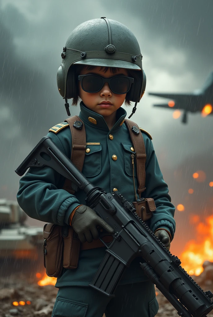 Boy Monkhoold in airforce uniform, helmet, sunglasses, big gun, tank and steering fighter jet, dark rainy, fire background