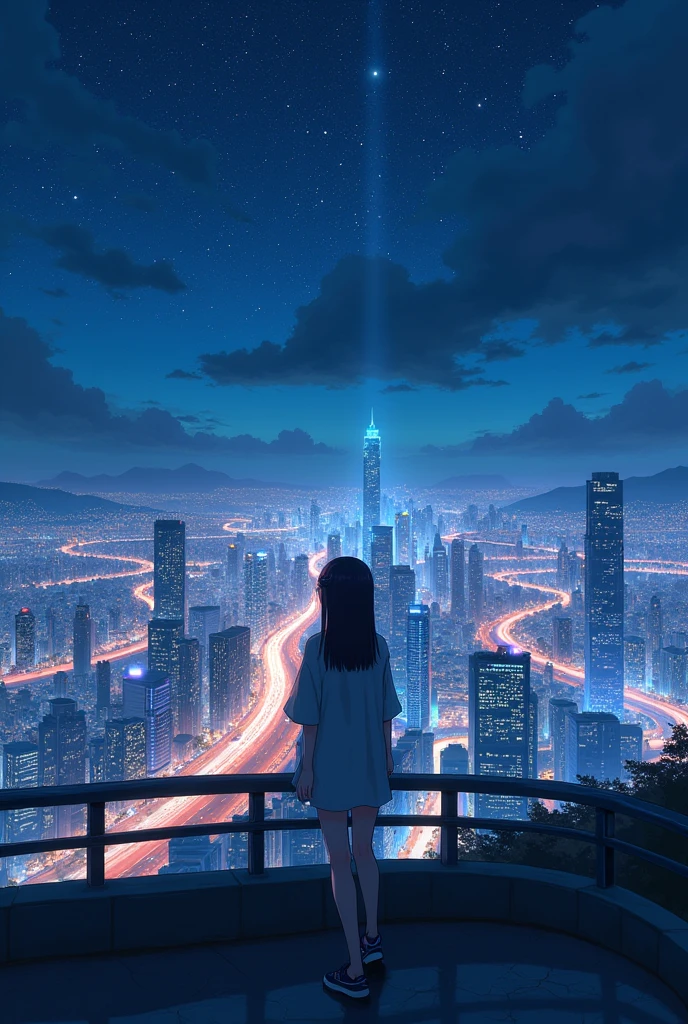 ((Highly detailed anime art)),Standing on the highway,,Night view,Metropolis,Starry Sky,Overlooking,((masterpiece, Highest quality, Extremely detailed CG, unity 8k wallpaper )),(masterpiece, Highest quality, Highest quality, Official Art, beautiful),Very vivid,High-precision images,Ultra-high resolution,Great art,Poster Art,Impressive photos,Impressive art,beautiful顔,Perfect Face