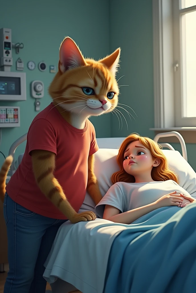 The husband cat in a red t-shirt and blue jeans, standing near his pregnant wife who is lying on a hospital bed, still wearing her white t-shirt and blue jeans.Setting: A hospital room, with medical equipment around the bed. The husband cat is crying, visibly worried, as he looks at his wife who is in distress.Mood: Emotional and somber, with a heavy sense of concern and fear.