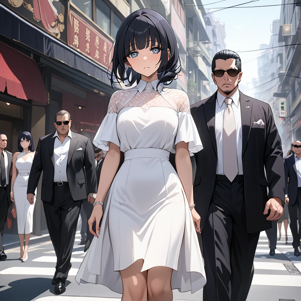 ((Highest quality)), ((masterpiece)), (detailed), (Perfect Face)、The woman is Reika Aoki, the wife of a mafia boss, with medium-long black hair and an engagement ring.、The woman is walking side by side with the mafia boss and is walking through the city with his mafia entourage.