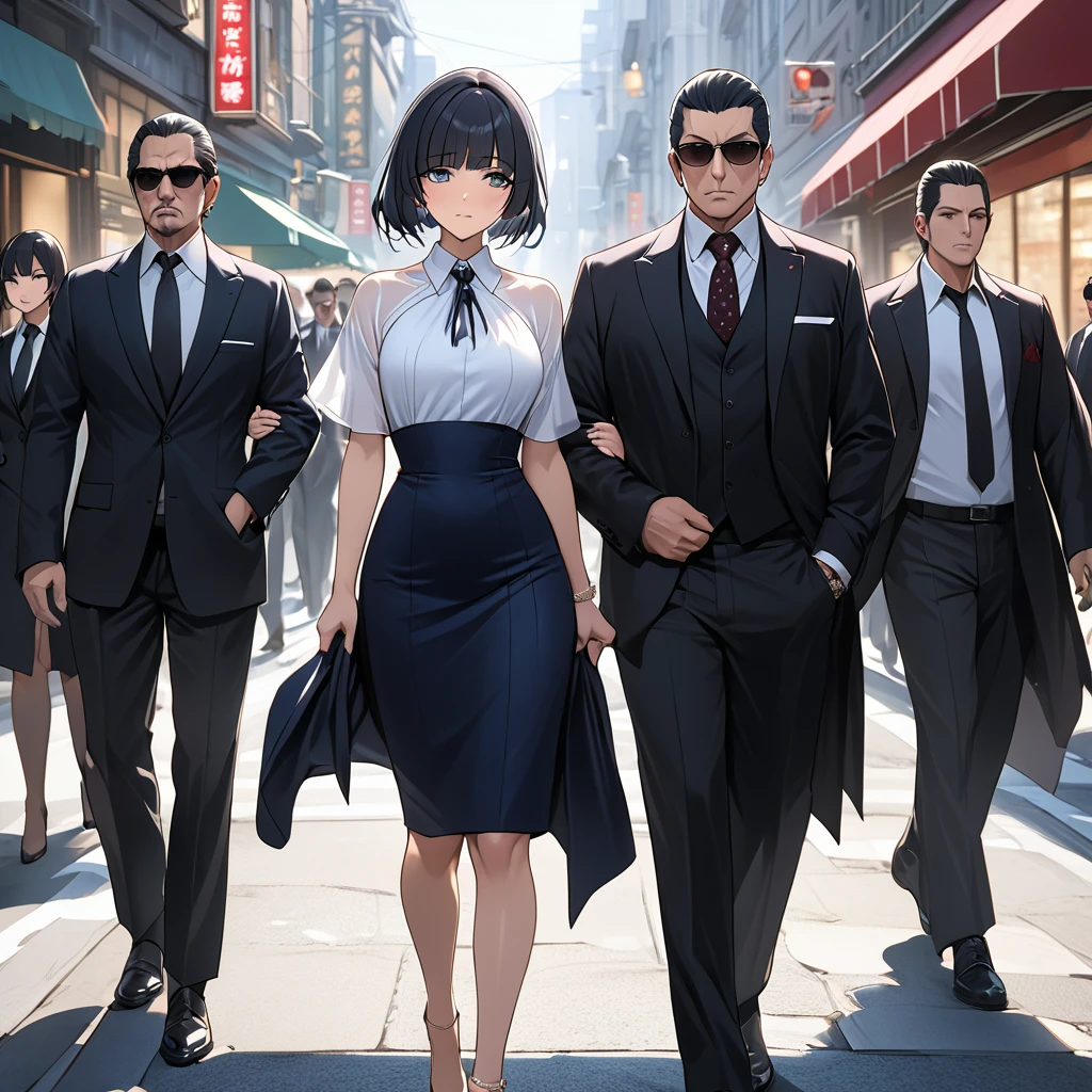 ((Highest quality)), ((masterpiece)), (detailed), （Perfect Face）、The woman is Reika Aoki, the wife of a mafia boss, with medium-long black hair and an engagement ring.、The woman is walking side by side with the mafia boss and is walking through the city with his mafia entourage.