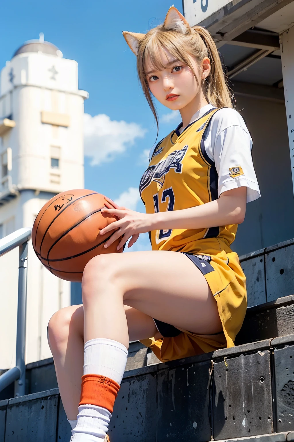 Masterpiece, 4K, bokeh, (Perfect body:1.4), (basketball uniform:1.5), (Bright Blonde hair:1.5), (ponytail:1.2),(Blushed face:1.3), (Plump breast:1.2), (Sitting in stairway of train station:1.2), (Cat ears:1.3),(From below:1.5),(Sundown :1.2), (Orange beautiful sky and clouds:1.2)