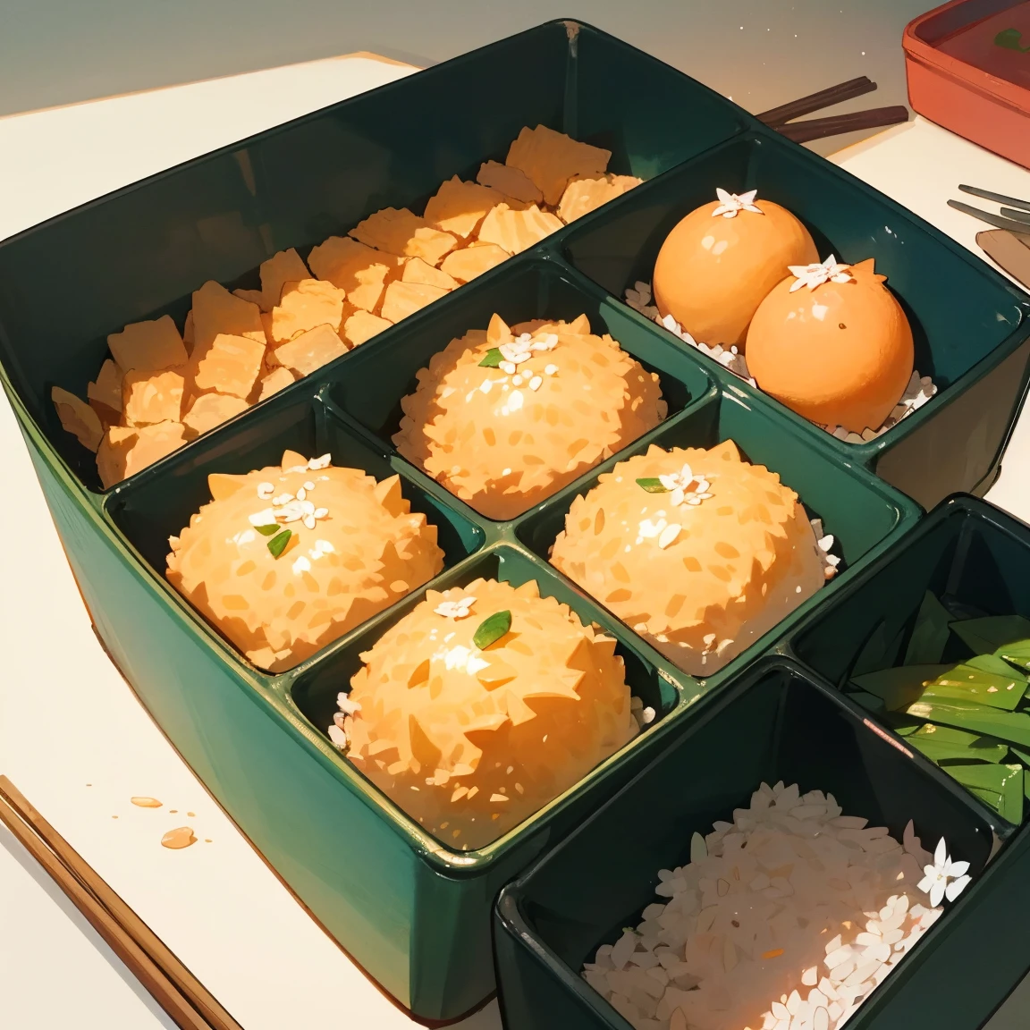 Illustrations for children's picture books,realistic, detailed illustration,A close-up view of an open, beautifully crafted bento box. The box is filled with a variety of colorful, meticulously arranged dishes - clearly Aya's favorites. There are cute animal-shaped rice balls, vibrant vegetables cut into flower shapes, golden fried foods, and more. Each dish is emitting small, twinkling star-like lights, giving the entire bento a magical, ethereal glow. The overall effect is both appetizing and enchanting, (focus on lunch box:1.2)., hand-painted style, digital art touch,(illustration:1.5), (Watercolor:1,2)