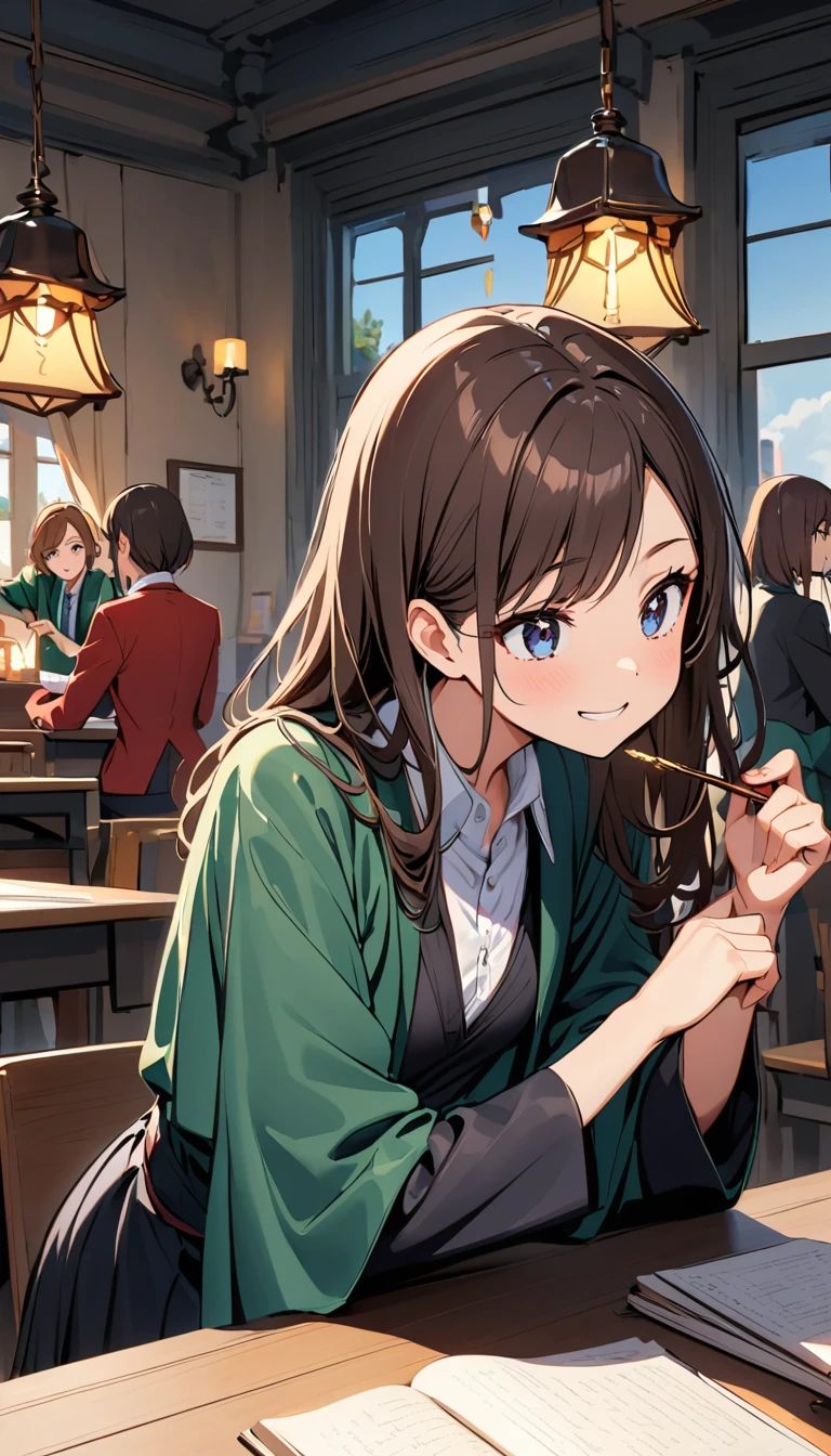 Apprentice: "Depict the beautiful young girl, the apprentice, standing in a cozy, candle-lit classroom. Her long chestnut brown hair falls over her shoulders as she fumbles with her wand, her hazel eyes wide with concentration. She is dressed in her deep blue robe, and her cheeks are slightly flushed as she feels the mentor’s hand guiding hers. Her expression is a mix of nervousness and a budding crush, subtly hinted at in her gaze."
Mentor: "Show the handsome young mentor in the same classroom, gently correcting the apprentice’s wand grip. His short dark brown hair is slightly tousled, and his deep blue eyes are focused on the task, though there’s a hint of warmth in his expression. He is wearing his emerald green robe, and his confident smile suggests patience and understanding as he helps the apprentice."