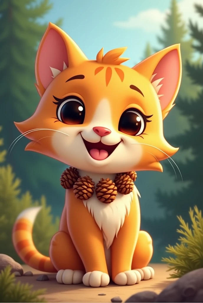 Adorable Disney cartoon style funko cat smiling with pine cone necklace