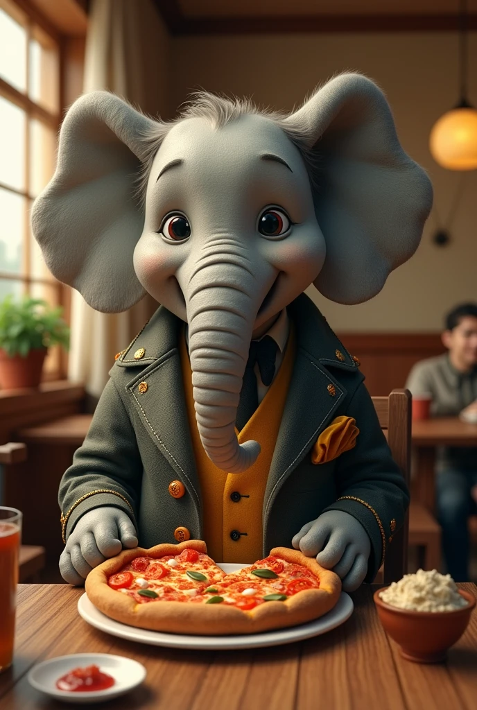 Elephant cover jacket in restaurant eating pizza 
