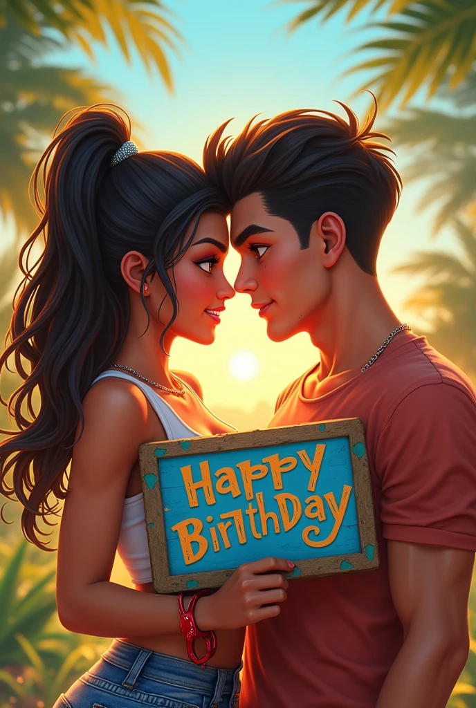 A young man with light brown skin and dark reddish brown eyes , a little muscular and short hair happy called Juan Esteban Gutiérrez Ortiz because in front of him is his friend Danna with dark skin, dark brown eyes and very long hair down to her tail (women) young man holding a sign that says "Happy birthday Juan Esteban ♡" that they look at each other's faces with joy and in the background there is a landscape that represents that joy and that they have a nice matching outfit , but they look younger and the boy is like flirtatious and with hair a little shorter And the young girl looks a little younger with a submissive face, Well, they are looking slightly at the camera here in front. , This image is perfect, I need the poster to be more colorful and happy and what it says "Happy birthday Juan Esteban" This one with degraded and very epic letter and that they look towards my first perspective, The young Juan boy is slightly muscular and with the hair on top a little shorter, They both look around 15 years old, Perfect, I need the young man's hair to be shorter on the top of the man's head. I need them to be a little younger, about ., but they are holding the epic poster , I need the young man's hair to be a little shorter on the top of his head please I need this professionally , that they look over here at the camera and that the girl has braces ,I need them both to have red handcuffs, It's perfect but the young man needs to have a nose that is a little not so perfect and to look manly. I need him to have attractive features.