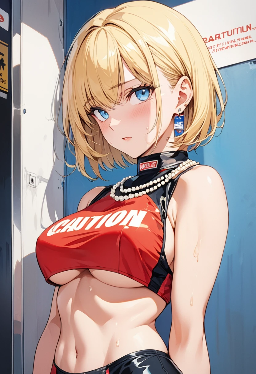 masterpiece, Highest quality, High resolution, (Artificial Human Room No. 18),1990s \(style\),(E-cup beautiful breasts)、height: 170cm,Sweating all over the body、Muscular、((sexy))、(Browsing Caution),独奏,Anime-style painting style, Blonde, blue eyes, (Race Queen Costume),(underboob),Pearl_necklace, bracelet, short hair, Earrings,Composition focusing on the upper body,(Cool face)、(Pointed Eyes)