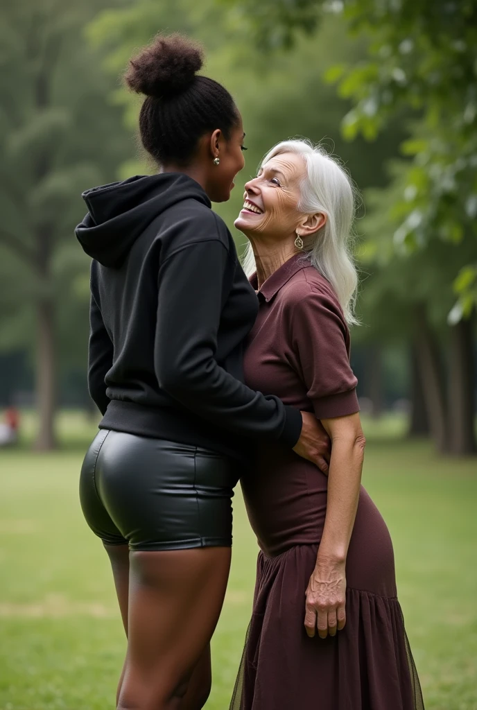 black woman hair in a bun black hoodie black leather short shorts bending over getting fucked in the ass by a old ugly woman in a dress in a park