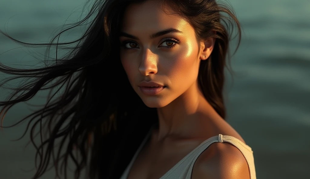 A stunning and captivating brunette girl, exuding a seductive aura, With her gorgeous locks cascading down her shoulders. she mesmerizes the viewer with her enchanting brown eyes. beautiful woman with long dark hair, face in extremely detailed and high quality, facing the camera, perfect lighting on her face, photorealistic, masterpiece, high quality, extremely detailed, cinematic lighting, dramatic pose, elegant, sensual, center the image. the sun and beach, legs visible, bikini white, big chest detailed, hand detailed realistic effect 4k