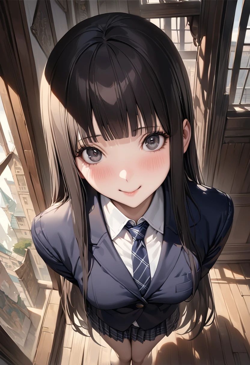 Fantasy art、((masterpiece,best quality anime,Highest quality:1.3)),realistic,portrait,1woman,(Mature Beauty),((very small head:1.4)),((very long body:1.3)),long hair,black hair,bangs,(gorgeous big eyes),black eyes,smile,(School uniform、Dark blue blazer jacket、Navy blue tie、Dark blue plaid mini skirt),white collared shirt,((slender body:1.3,skinny:1.2)),medium breasts,standing,Old school building、Harry Potter World,