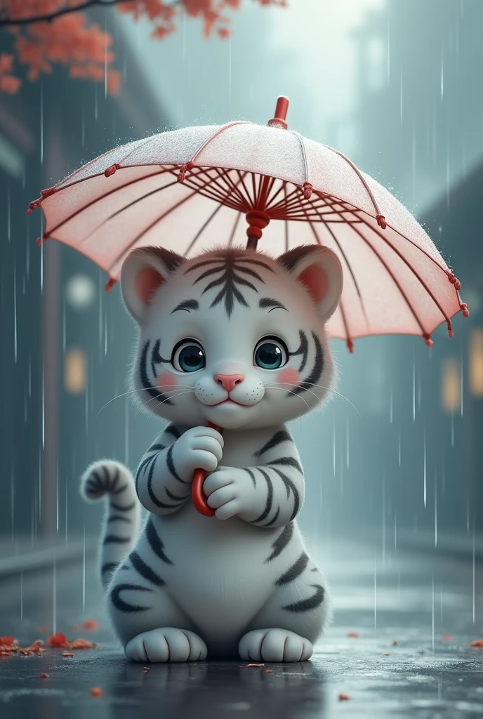 a pure gray tiger,Holding an umbrella in the heavy rain,cute style,Background rainy day,Chinese style,Realistic and cute