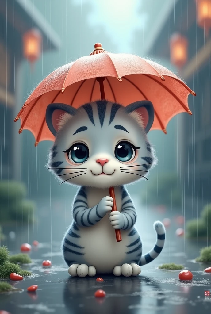 a pure gray tiger,Holding an umbrella in the heavy rain,cute style,Background rainy day,Chinese style,Realistic and cute