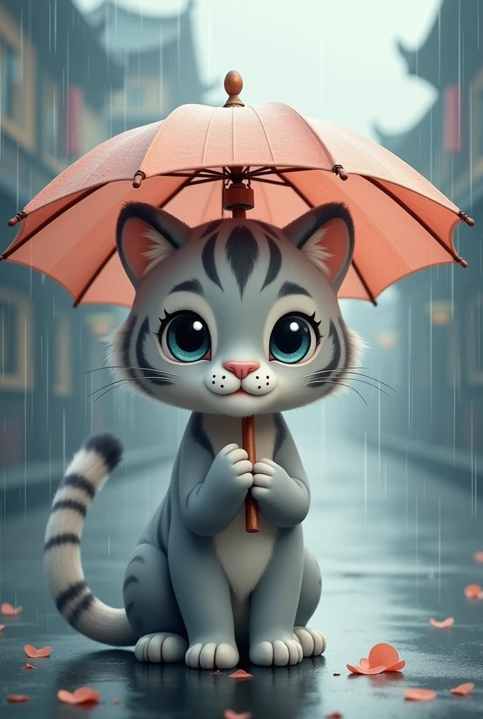 a pure gray tiger,Holding an umbrella in the heavy rain,cute style,Background rainy day,Chinese style,Realistic and cute