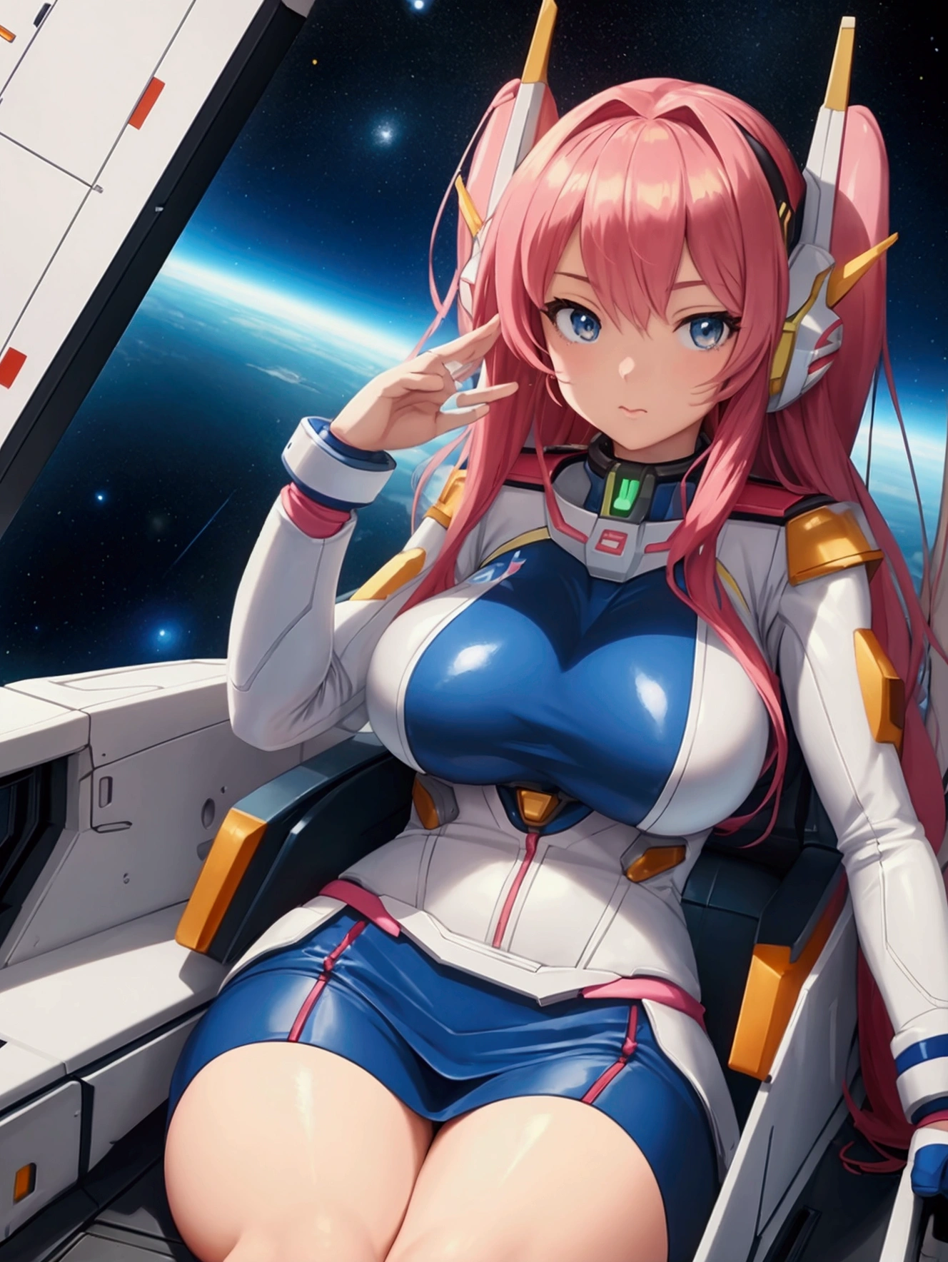 very big tits ((masterpiece, The best quality)), illustration, 8K ultra detailed, realist, clear focus, Very detailed, Professional lighting, Colorful details, a close up of a woman sitting in a cockpit of a plane, gainax anime style, ferra white mecha, portrait anime space cadet girl, style of macross, on a gundam, modern sci-fi anime, anime girl of the future, sci-fi anime, sci - fi pilot, sil from species, sci fi anime, gainax