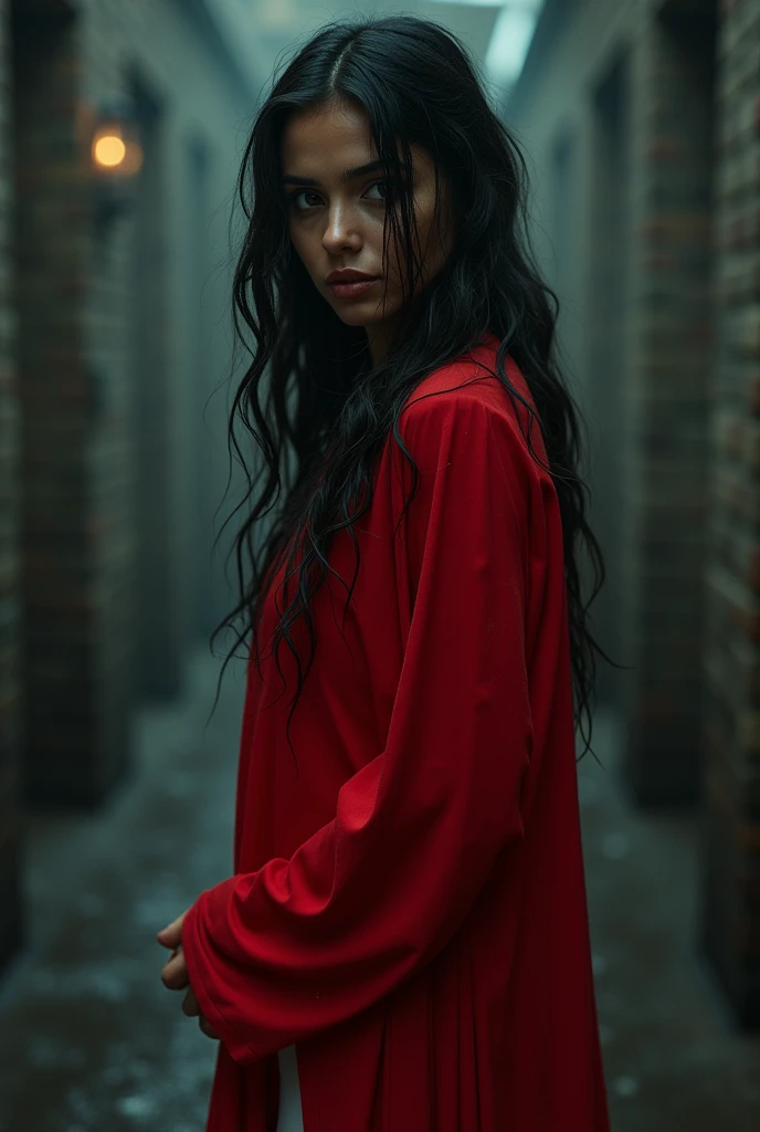 Desi girl in wet red kurta and white leggings.