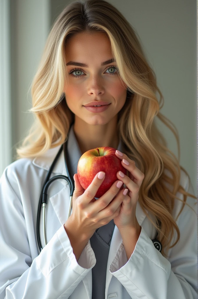 Blonde woman holding apple and with stethoscope