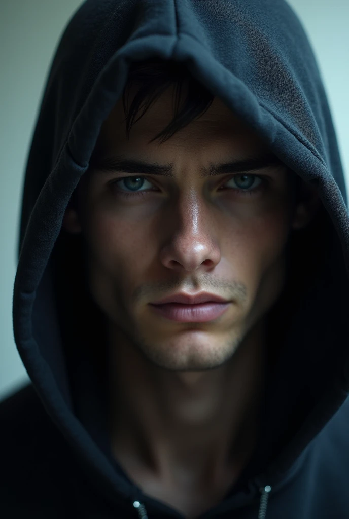 A man with blue eyes with a hooded shirt