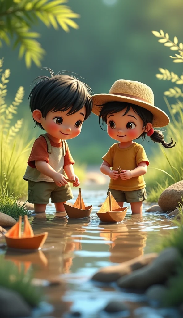 The boy Pablo invited her to join the girl Lucia, and together they made more ships, Filling the puddle with small boats.