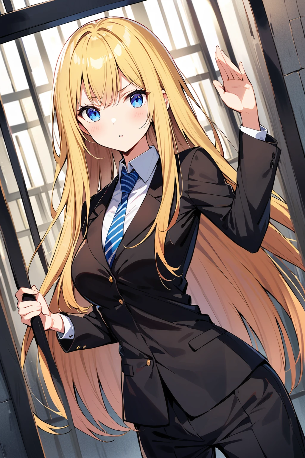 A young woman stands in front of a prison, bright blonde long hair, standing in the prison office, dark blue eyes, prison background,wearing black suits,((dynamic angle)),((dynamic pose)),