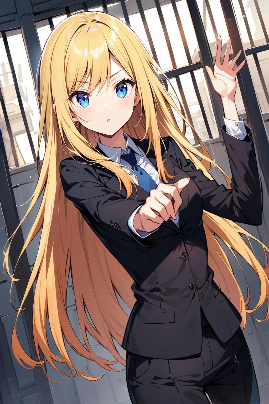 A young woman stands in front of a prison, bright blonde long hair,  standing in the prison office, dark blue eyes, prison background,wearing black suits,((dynamic angle)),((dynamic pose)),