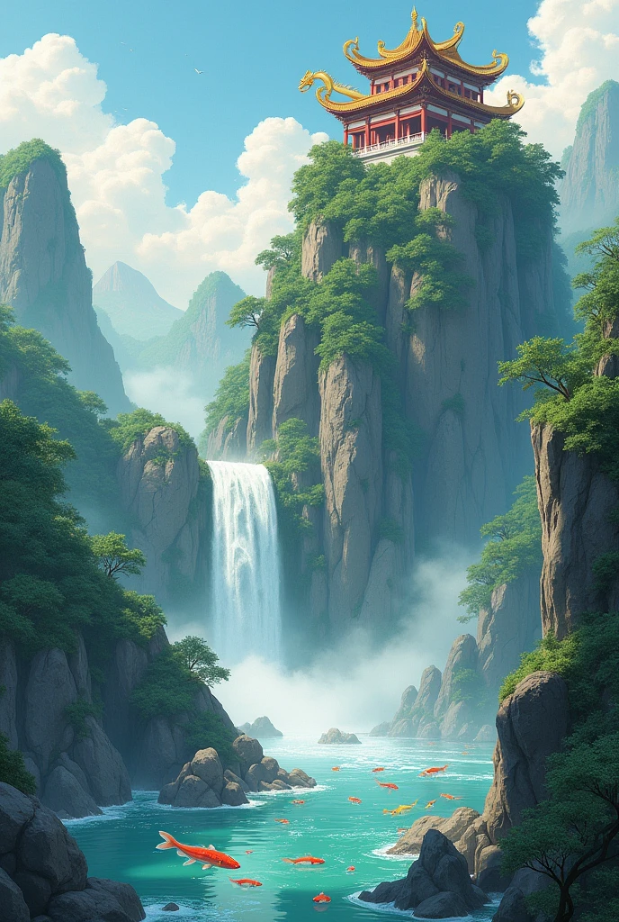 The Yellow River (he bo) with carp fish, una montaña con una cascada y uno de estos ⛩️ en la cima con un dragón dorado asomandose en estilo arte chino