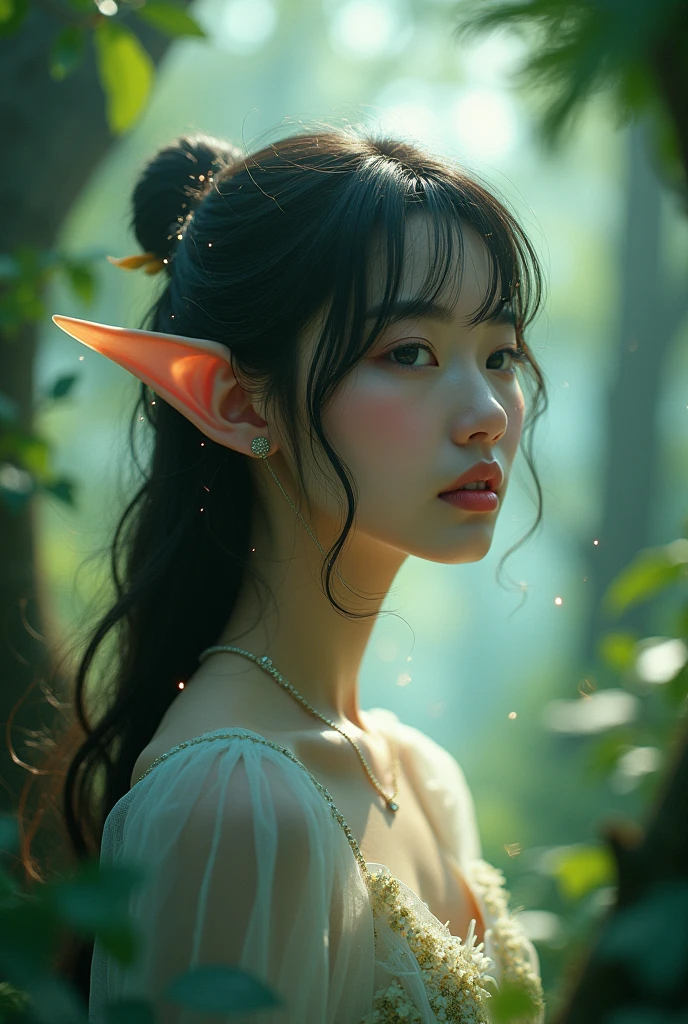 I want a picture of Hwang Hyunjin from the Kpop group Stray Kids, like an elf, in a forest with pointy ears and sparkles around
