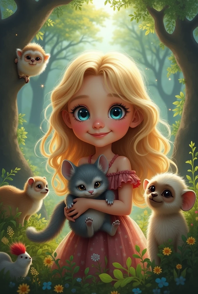 create a blonde girl with blue eyes, holding a chinchilla and a capuchin monkey on her shoulder, with various animals around her, in a magical forest, in a painting., highlighted hair, blue eyes, wide eyes, smile, smiley, cheek to cheek, surprise box toy style, perspective