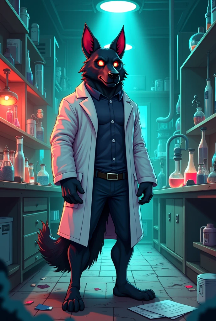 Anthropomorphic Hellhound, scientist coat, red eyes, abandoned lab background, male, dim lighting, neutral expression, cartoonish