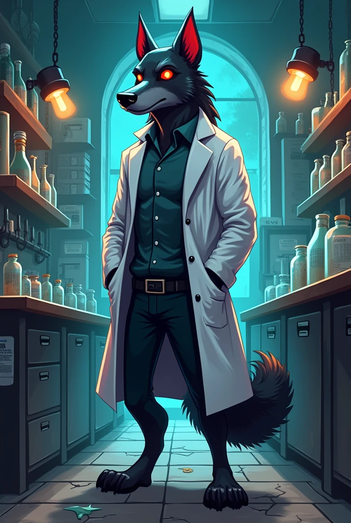 Anthropomorphic Hellhound, scientist coat, red eyes, abandoned lab background, male, dim lighting, neutral expression, cartoonish