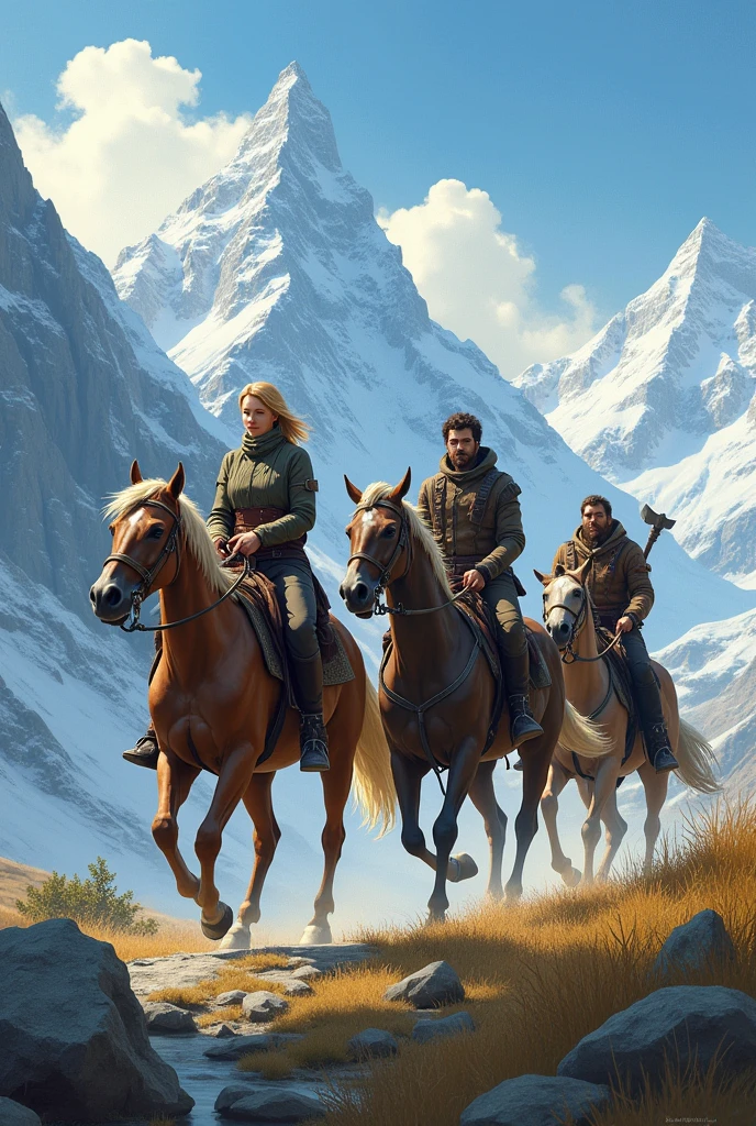  In a mountainous landscape, il y a deux femmes et deux hommes à cheval. The first woman is blonde, 20 ans, geek, cheveux courts et elle a un arc. The second woman, is big, brune 30 ans, with two daggers. The first man is blond, avec une épée. The second man is brown-haired with a beard and an axe..