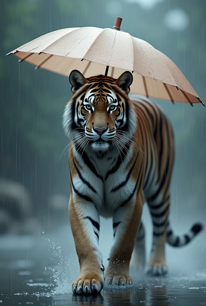 a pure gray tiger,Holding an umbrella in the heavy rain,Background rainy day,Chinese style,Realistic and cute