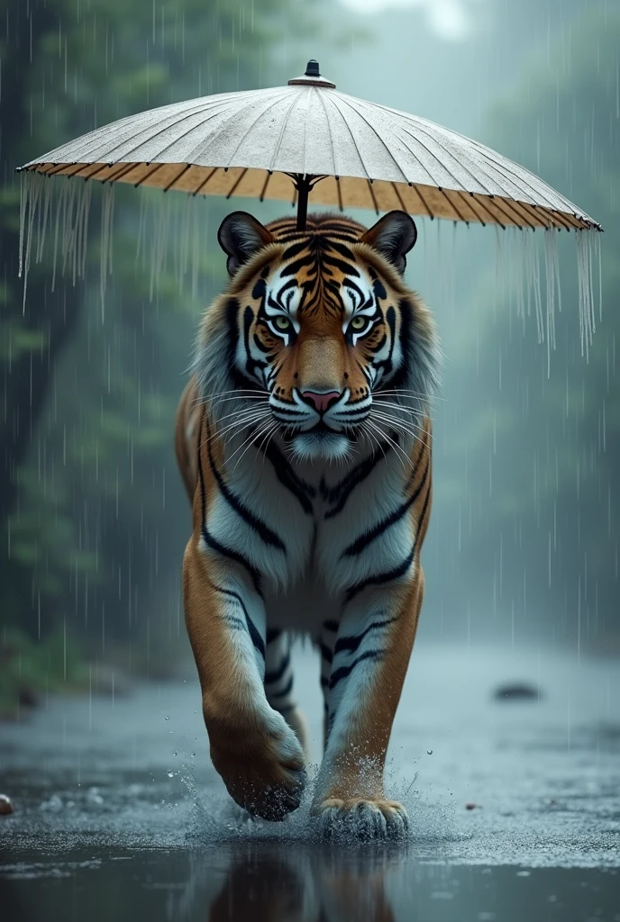 a pure gray tiger,Holding an umbrella in the heavy rain,Background rainy day,Chinese style,Realistic and cute