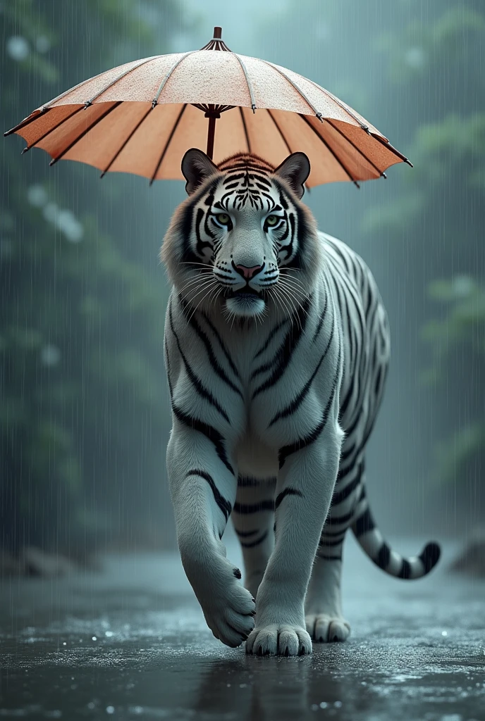 a pure gray tiger,Holding an umbrella in the heavy rain,Background rainy day,Chinese style,Realistic and cute