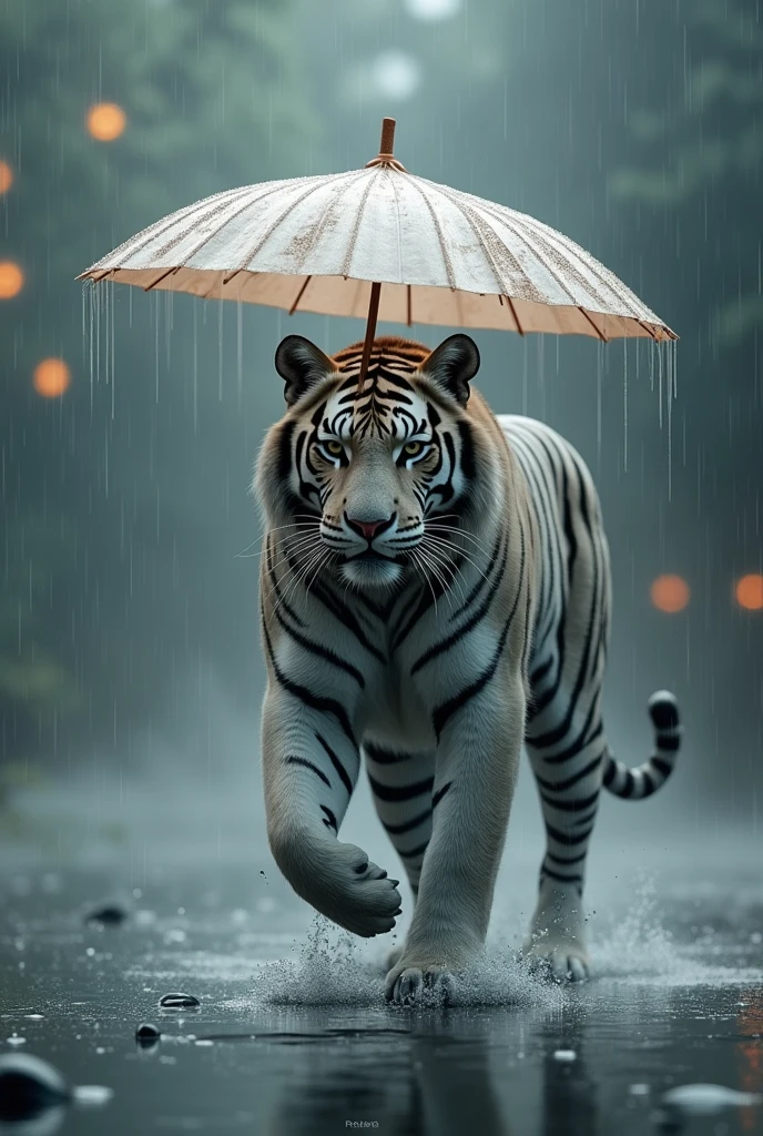 a pure gray tiger,Holding an umbrella in the heavy rain,Background rainy day,Chinese style,Realistic and cute