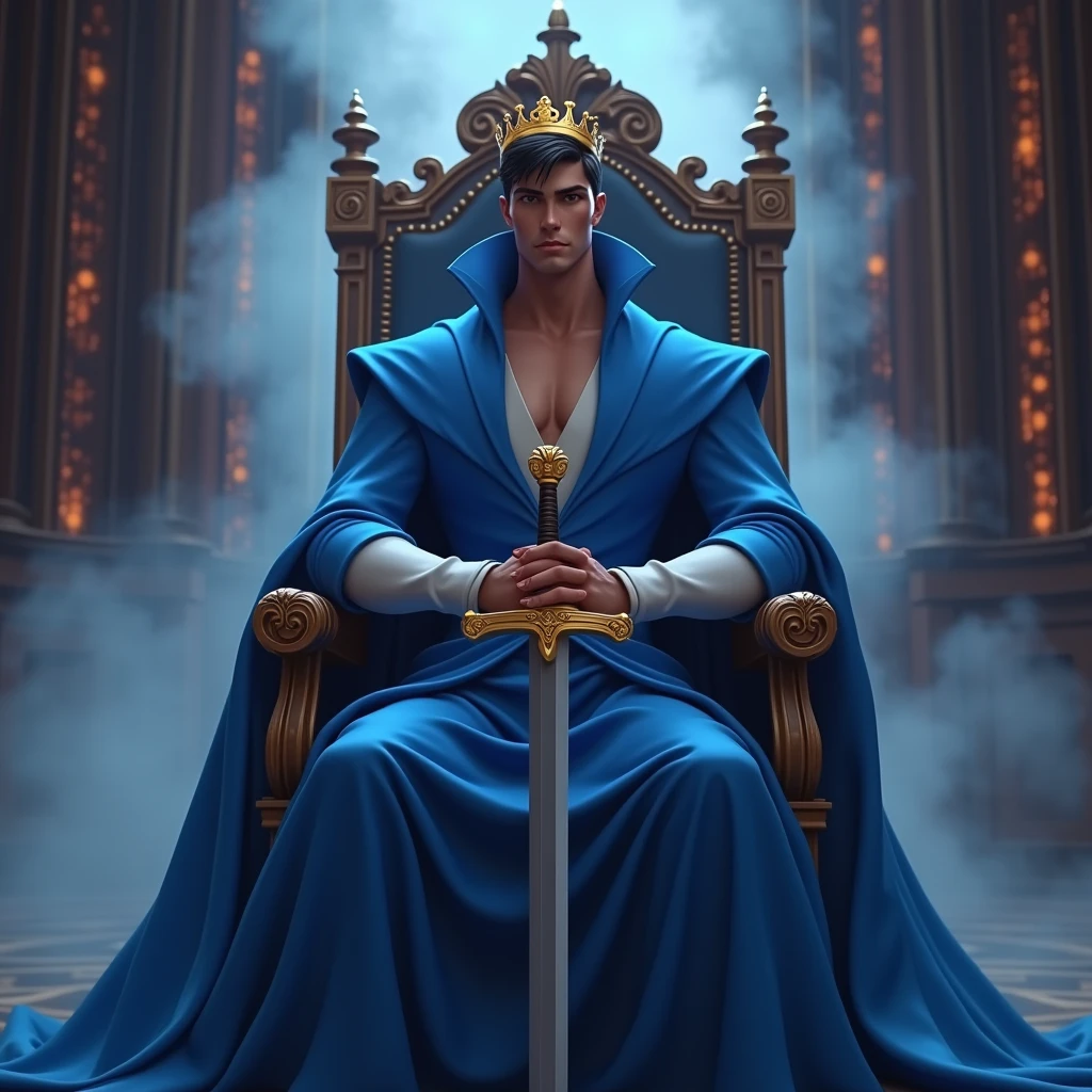 Create a disney prince animated avtar full body image where a man wearing blue luxury princess dress and sitting on king size chair with crown 👑, he's holding a sword in his hand, there is smoke in background a shadow. Make her name visible and clear In background the name "GauravEk" bold and glowing, showing in bold reflection in shadows.