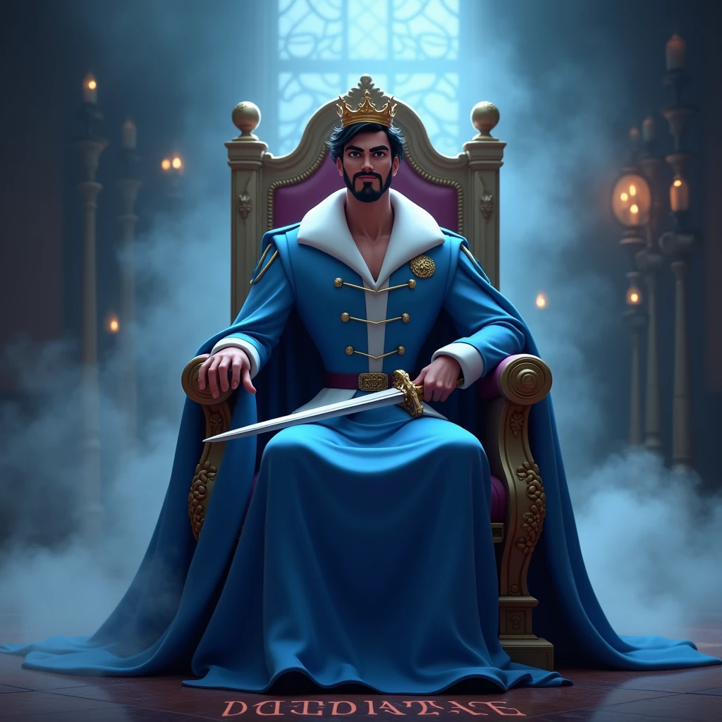 Create a disney prince animated avtar full body image where a man wearing blue luxury princess dress and sitting on king size chair with crown 👑, he's holding a sword in his hand, there is smoke in background a shadow. Make her name visible and clear In background the name "GauravEk" bold and glowing, showing in bold reflection in shadows.