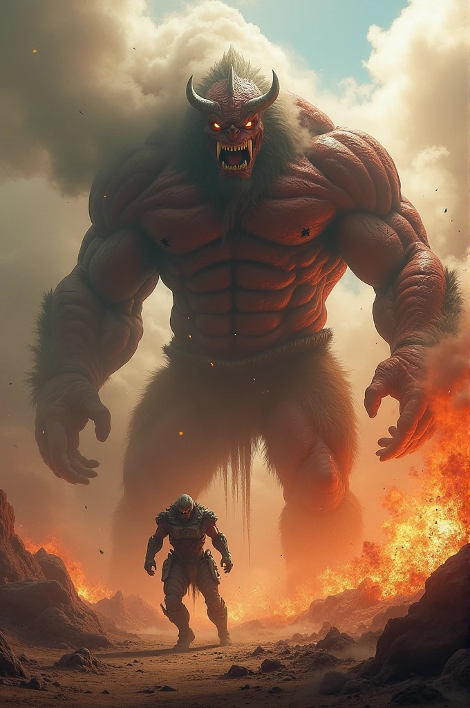 Beast titan fight with colossal titan background is fire dust