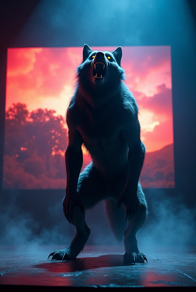 werewolf,singing, on stage with a big screen in the background of the stage live.