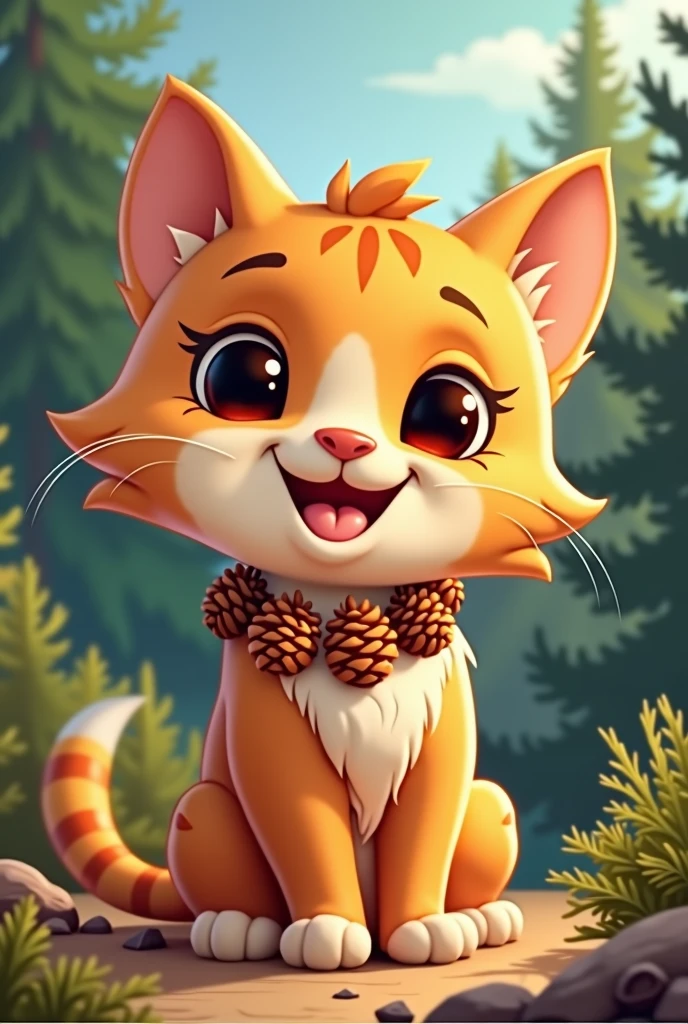Adorable Disney cartoon style funko cat smiling with pine cone necklace